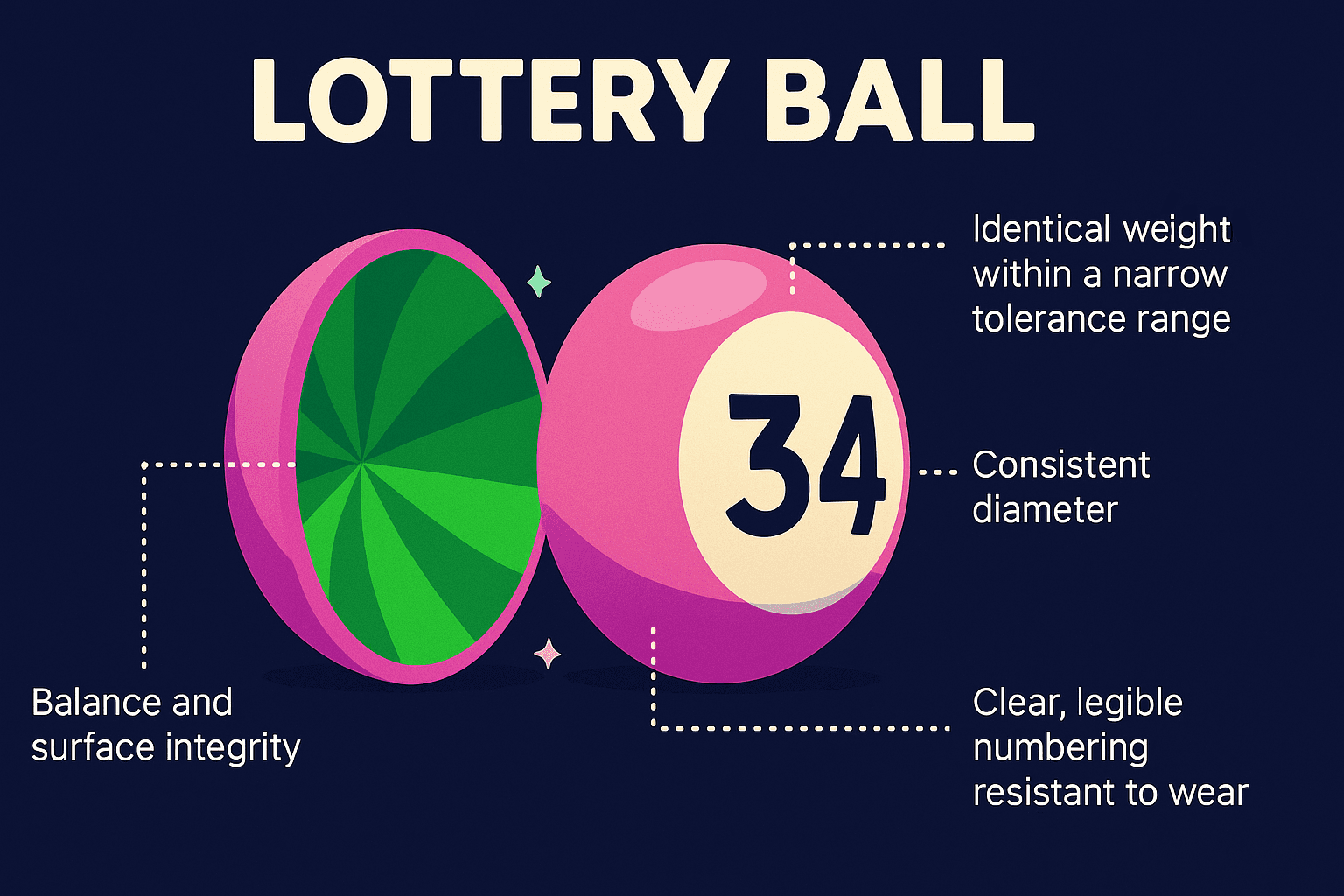Educational illustration of a dissected pink lottery ball with labeled arrows